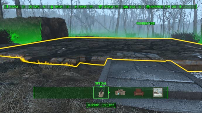 A house foundation being scrapped in Fallout 4.