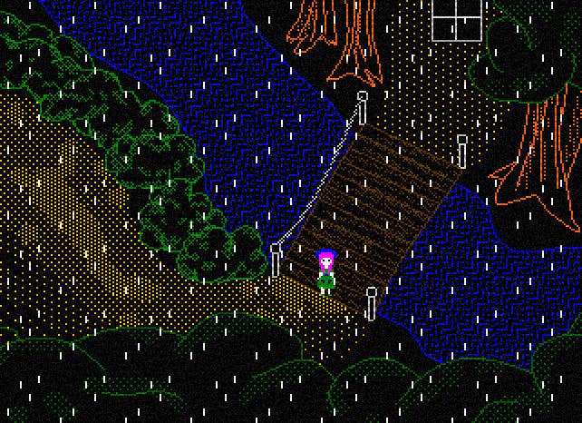 In an extremely retro pixel art image, a young girl with bright pink hair stands on a bridge across a river on a dark and rainy night. To the north of her, on the other side of the bridge, is a shed or shack.