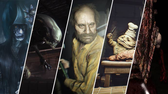 Multiple horror game characters are shown. From left to right, there is: Fatal Frame Project Zero’s Ose Kurosawa, Alien Isolation’s Xenomorph, Resident Evil 7’s Jack Baker, the chef from Little Nightmares, and Pyramid Head from Silent Hill 2