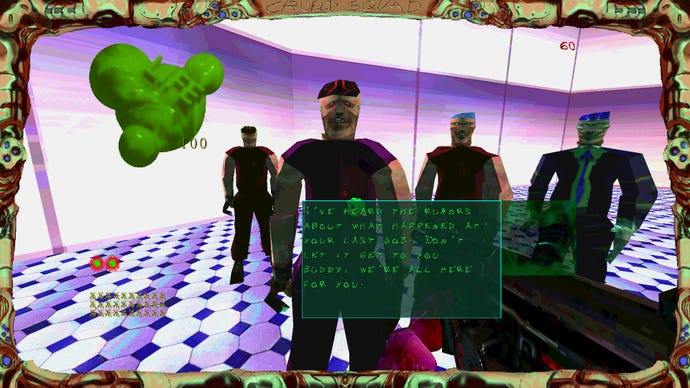 A group of four unsettling figures crowds the player in a garish purple room.