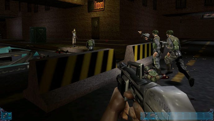 Soldiers blockade the road and fire at an enemy near a doorway.