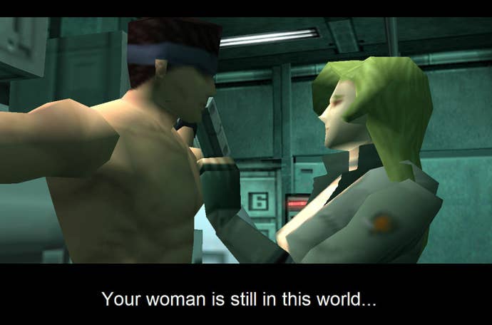 A pointy polygon woman holds a gun to a pointy, polygon Solid Snake in Metal Gear Solid