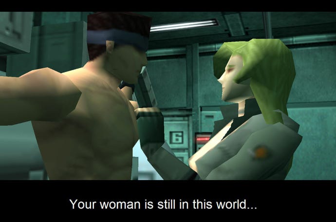 A pointy polygon woman holds a gun to a pointy, polygon Solid Snake in Metal Gear Solid