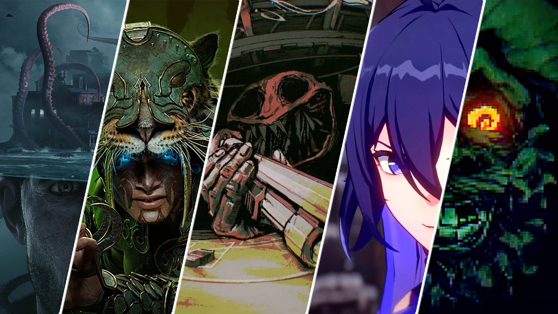 5-way split of art from games such as The Sinking City, Diablo4, Buckshot Roulette, Honkai Star Rail, and Inscryption - 1