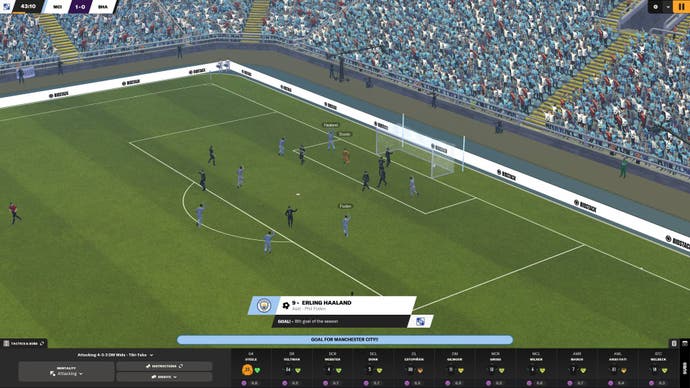 Erling Haaland scoring a goal for Manchester City in Football Manager 2024.