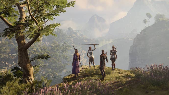 Gale, Lae’zel, Wyll, and Shadowheart looking over the edge of a cliff ion Baldur’s Gate 3 with a tree to the left and a waterfall in the distance.