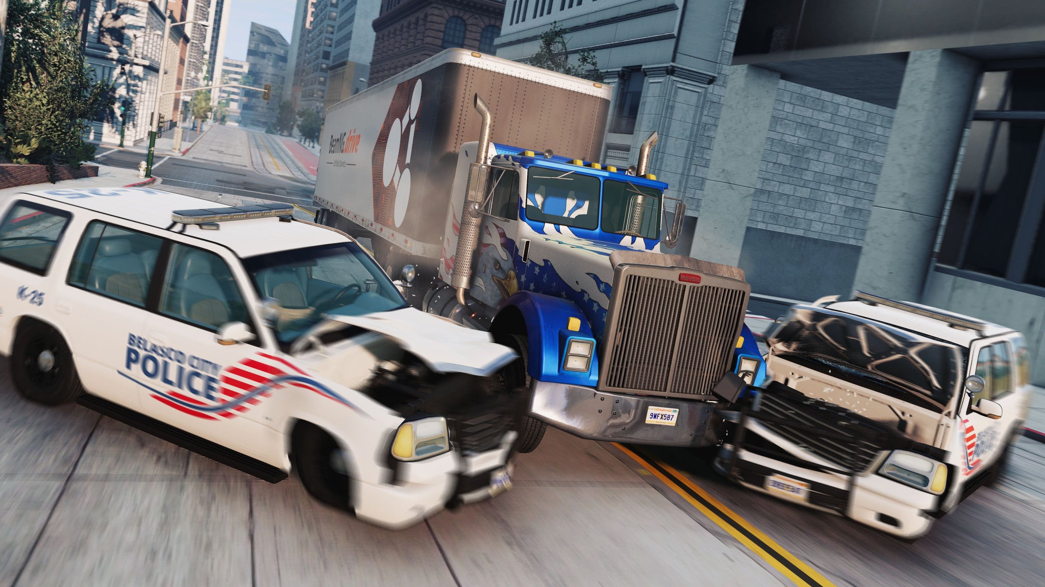A large truck rams two police vehicles as they try to stop the driver. - 7