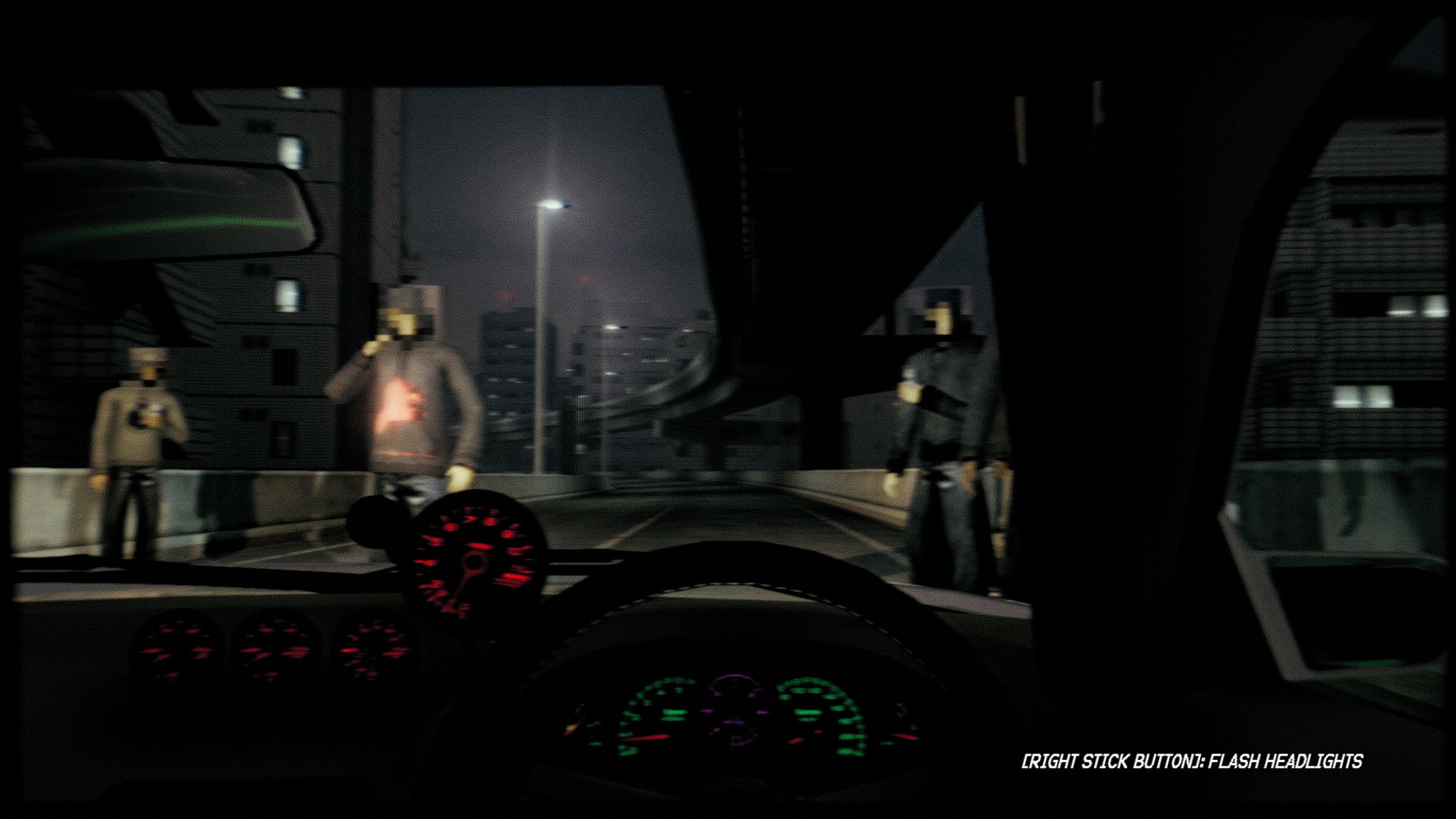 The player looks out from the front seat of their car, as three figures stand on the highway, waiting for an illegal race to start. - 4