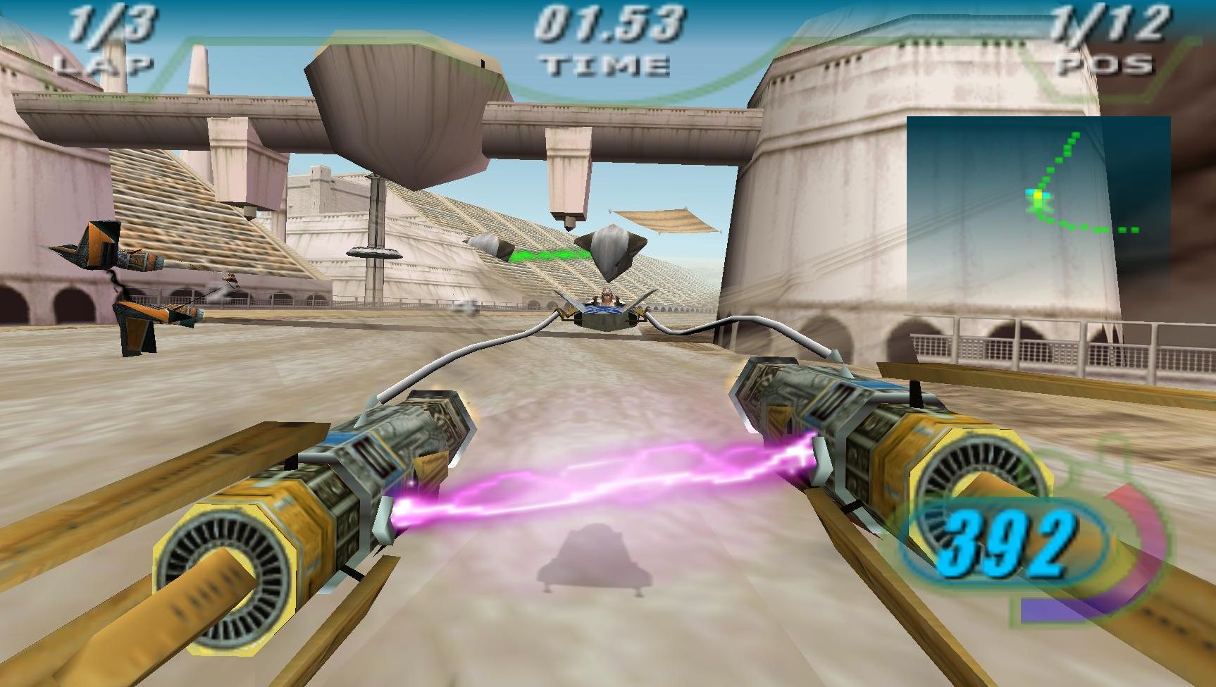 A podracer from Star Wars zooms towards the camera on the desert planet of Tatooine. - 3