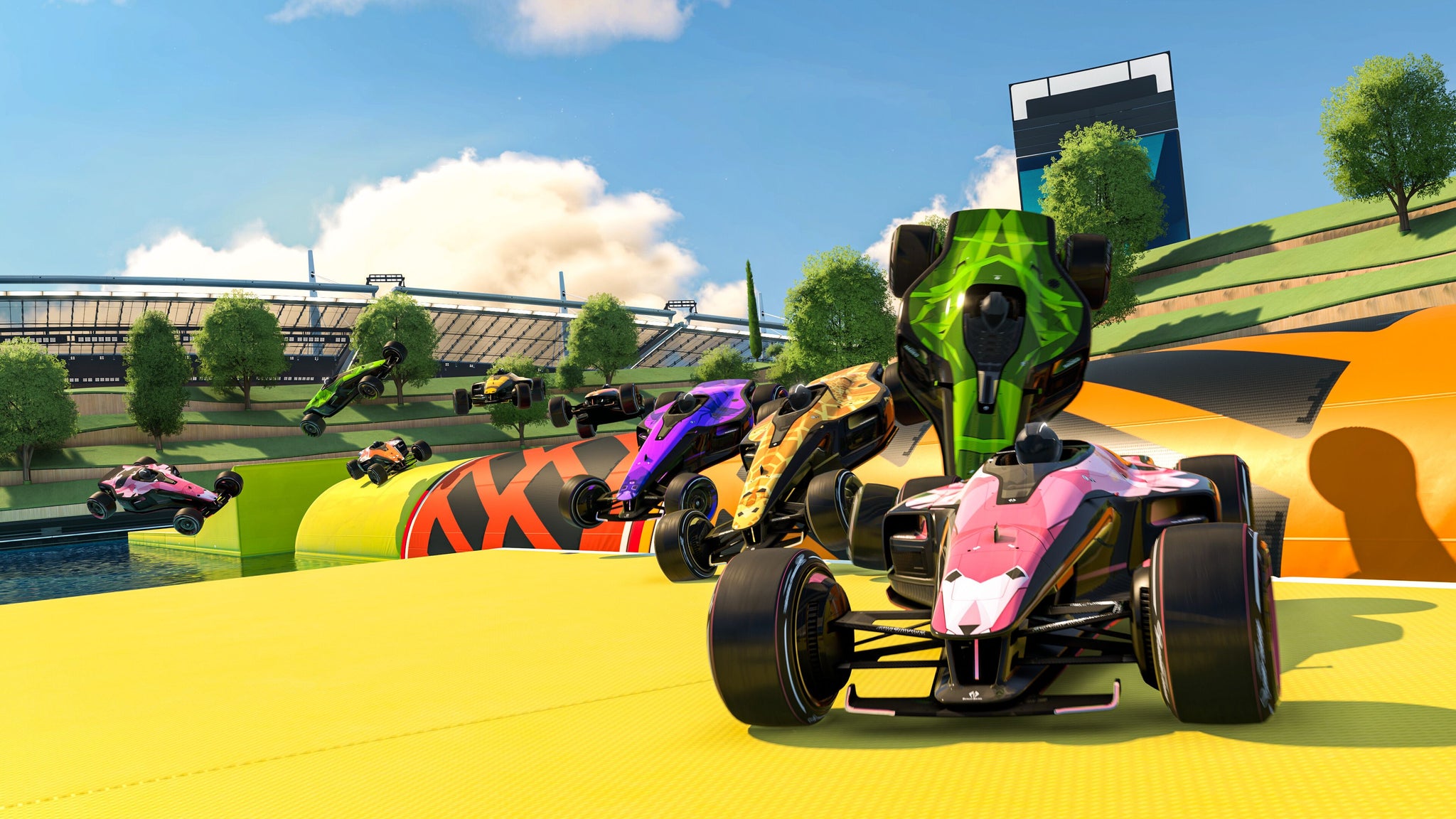 Many cars attempt to climb an obstacle in a bright course from Trackmania. - 10