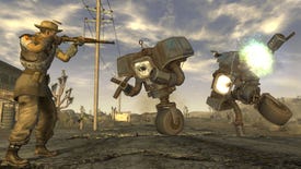 A screenshot of Fallout New Vegas showing the player taking aim at some enemies.