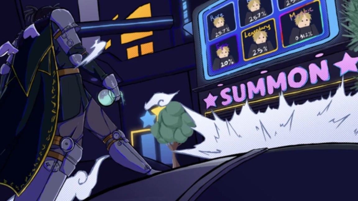 Artwork for the Roblox game Anime Adventures showing a character wearing armor approaching a large screen with a Summon sign underneath. - 8