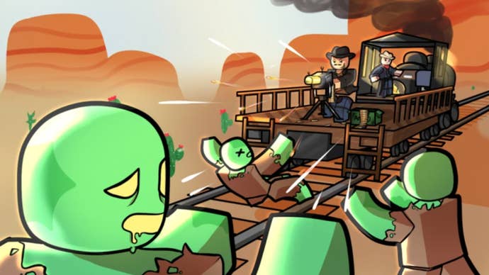 Artwork for the Roblox games Dead Rails, showing cartoon style zombie characters approaching an old steam train.