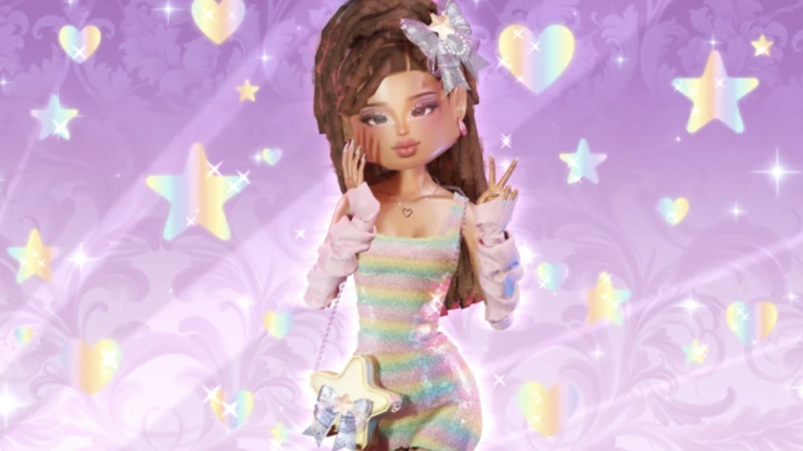 Artwork for the Roblox game Dress To Impress showing a fashionable female character wearing a striped dress with a star-shaped clutch bag. - 10