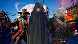 A composite image of a gunslinger from Weird West, a mysterious hooded biatch, n' Geralt of Rivia from Da Witcher, standin against his thugged-out lil' punk-ass backdrop of a spacer settlement up in Da Outa Worlds