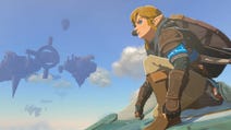 Link crouching atop a glider as he soars through the sky with floating islands amidst the clouds in the background.