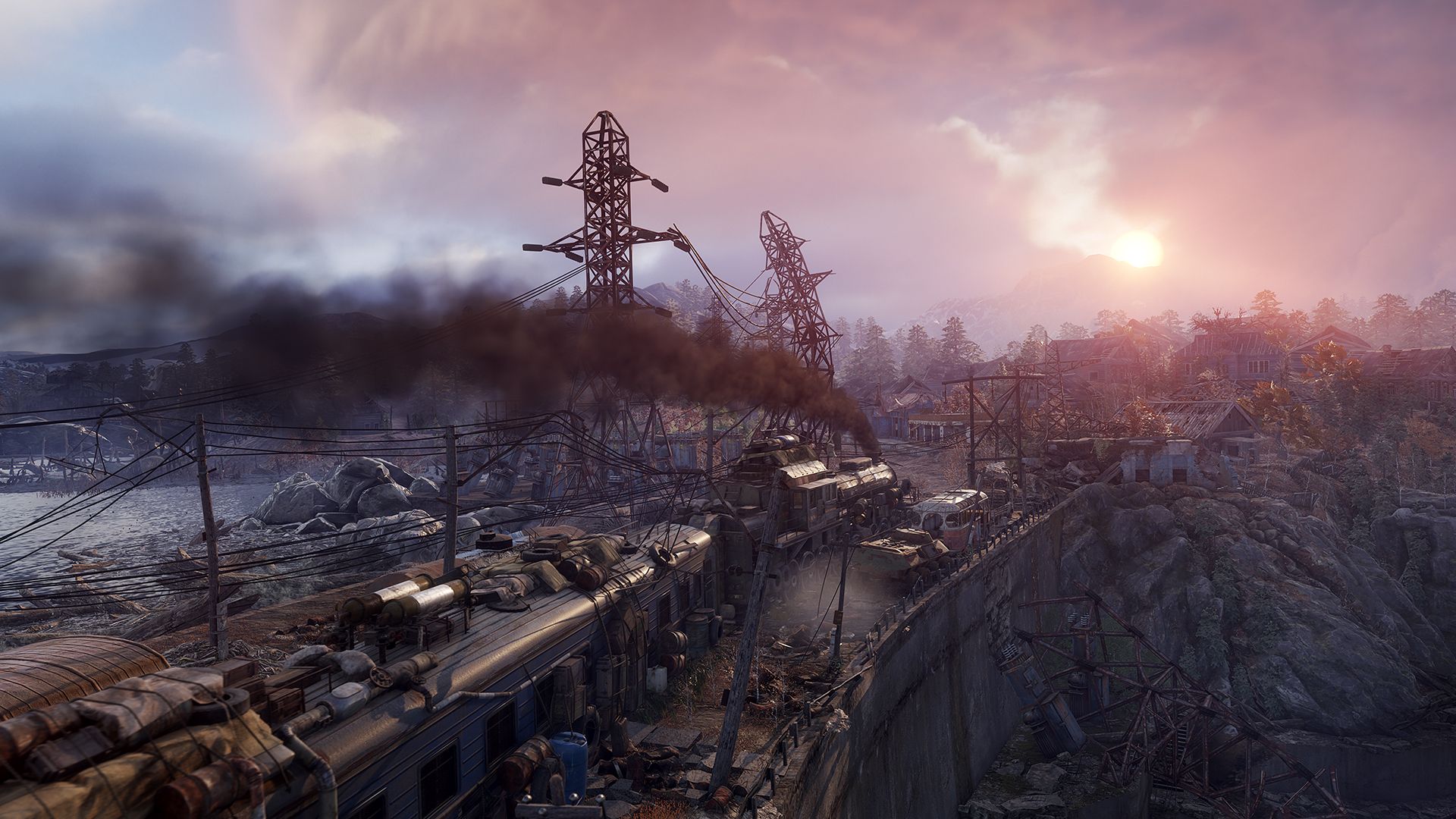 The train in Metro Exodus travelling through an abandoned village at sundown - 1