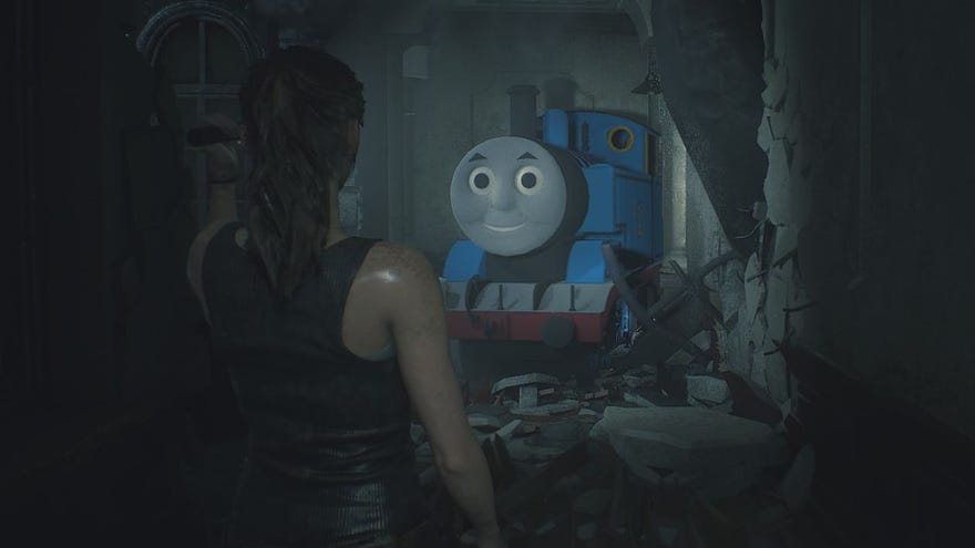 Thomas the Tank Engine advancing in a menacing manner in Resident Evil 2 (courtesy of a mod)