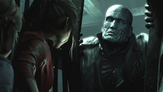 A close up of Mr X in the Resident Evil 2 remaster, menacing the player