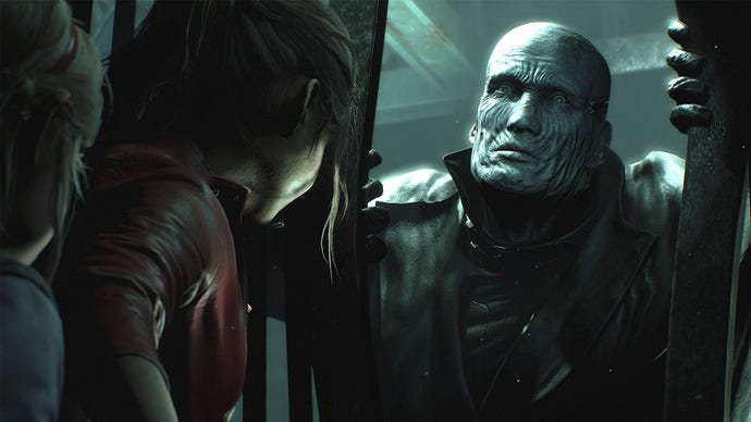 A close up of Mr X in the Resident Evil 2 remaster, menacing the player