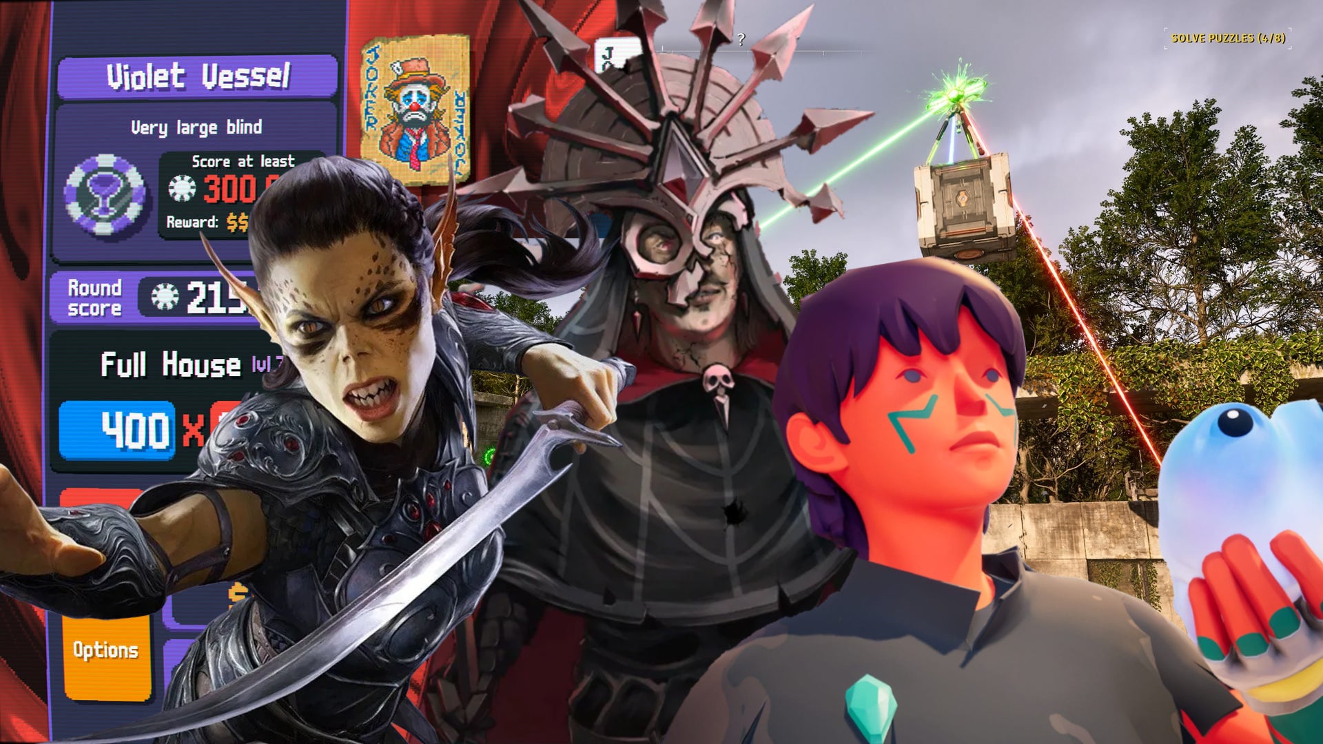 A composite image showing elements from Balatro, The Talos Principle 2, Baldur's Gate 3, Jusant and Shadow Gambit - 1