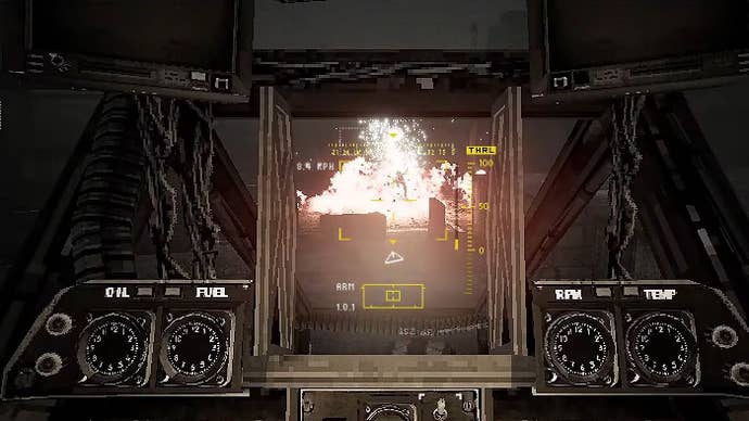 The view from the cockpit of a mech as it explodes a distant target.