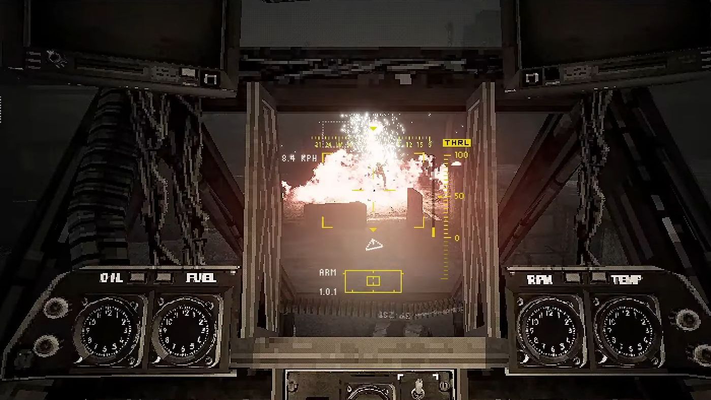 The view from the cockpit of a mech as it explodes a distant target. - 1