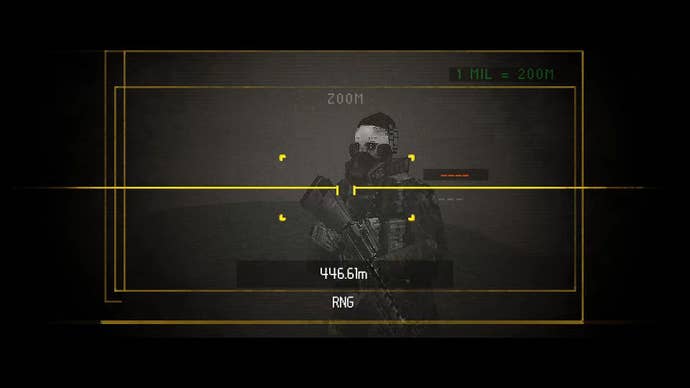 A masked enemy is viewed through futuristic binoculars.