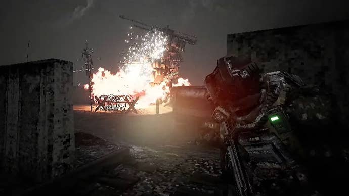An explosion engulfs a mech as the player hides behind cover.