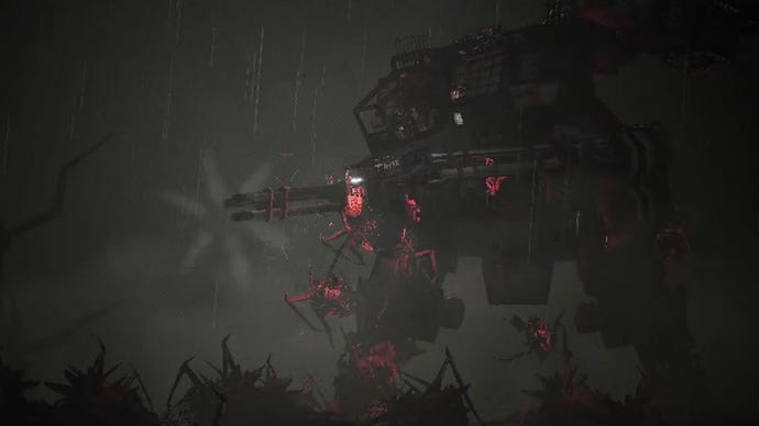 A mech shrouded successful smog tries to fend disconnected a swarm of alien spiders.