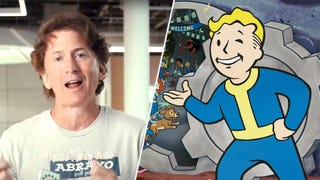 Todd Howard during Bethesda's Fallout Day broadcast next to a Vault Boy.