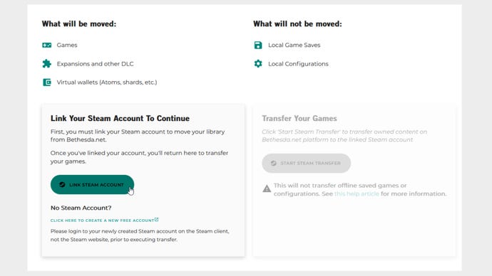 A screenshot from the Bethesda website showing the steps required to migrate your Bethesda Launcher games over to Steam.