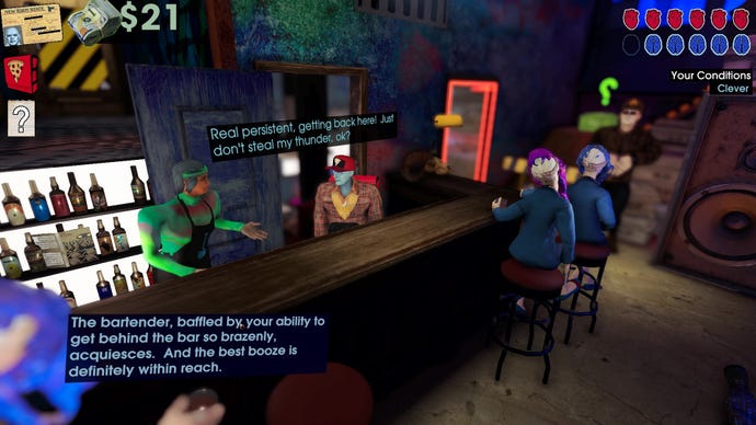 A pizza delivery person sneaks behind the bar, with the bartender expressing shock in Betrayal At Club Low.