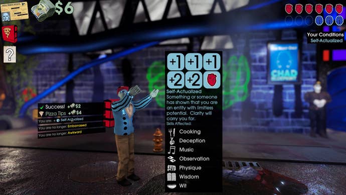 A blue pizza delivery person becomes “Self-Actualised” thanks to a puddle in Betrayal At Club Low.