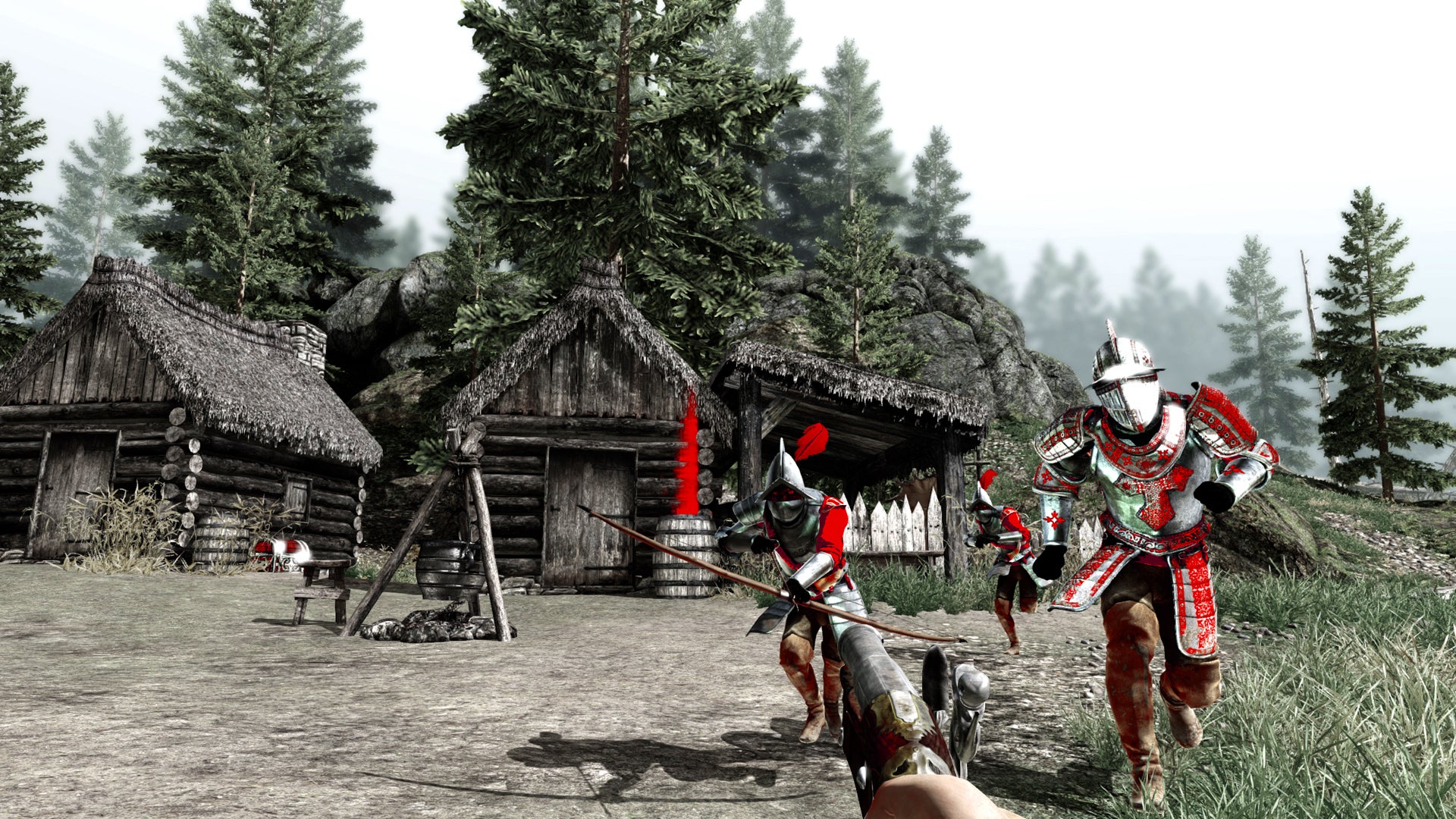 The player aims a pistol at oncoming corrupted Conquistadors in first-person horror game Betrayer