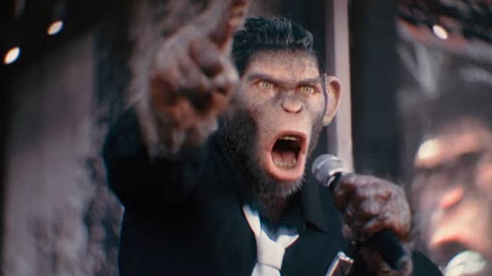 Robbie Williams as a monkey singing at a festival in Better Man.