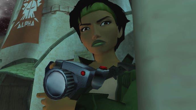 Beyond Good and Evil screenshot showing protagonist Jade peering around a corner with her camera in her hand.