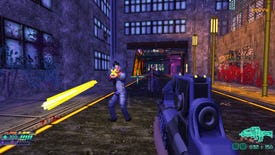 An enemy shoots at the player in cyberpunk FPS Beyond Sunset