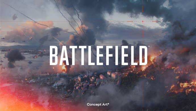 Concept art for EA’s unnamed next Battlefield game featuring a smouldering city surrounded by fire and smoke.