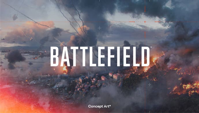 Konsep seni untuk game Battlefield berikutnya dari EA yang tidak disebutkan namanya menampilkan kota membara yang dikelilingi oleh api dan asap.