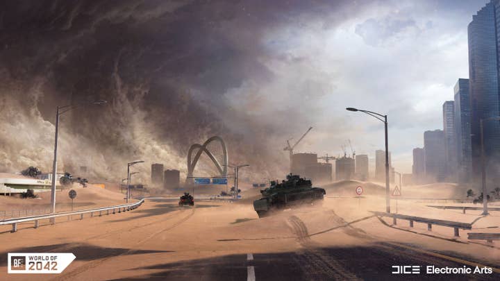 A sandstorm forms on the outskirts of a downtown area with skyscrapers in Battlefield 2042