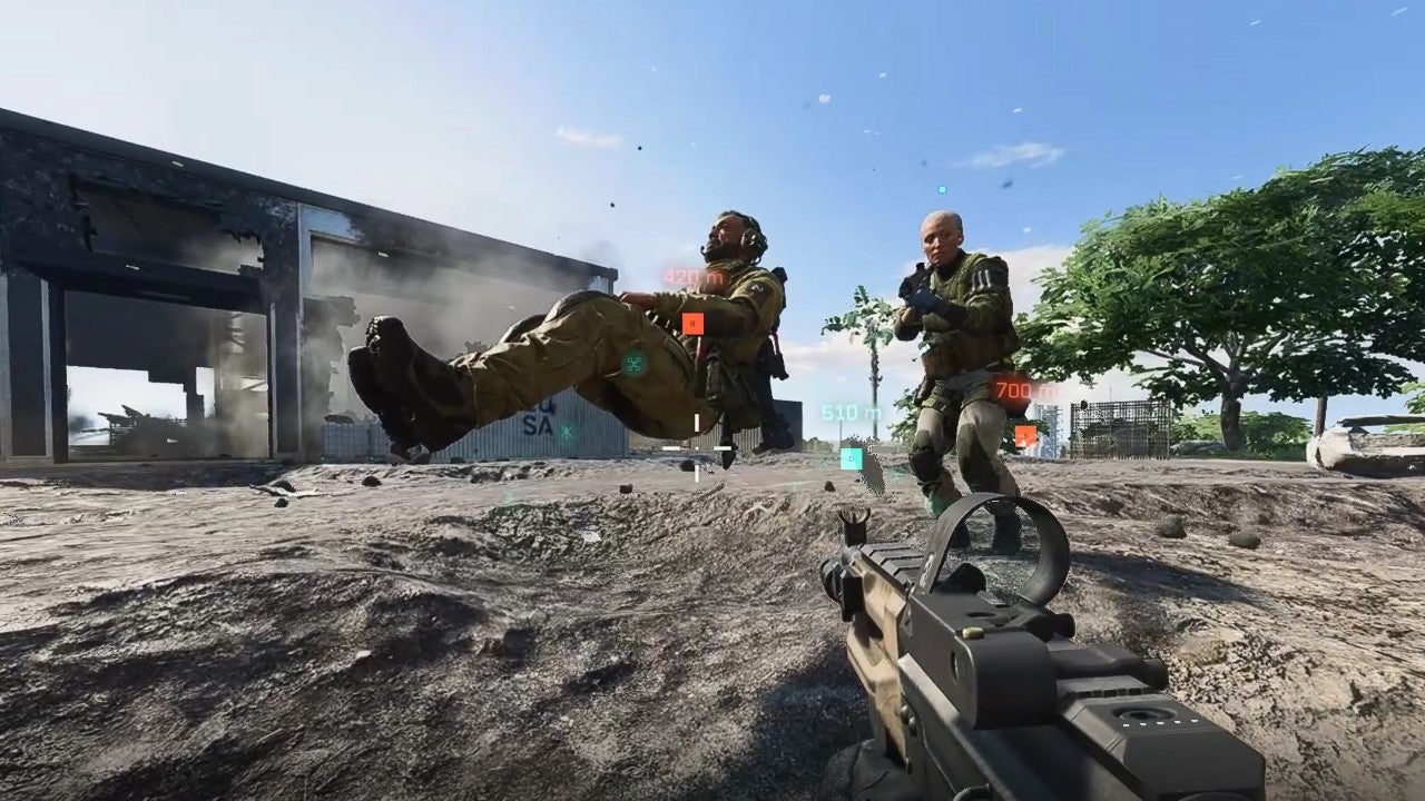 A man&rsquo;s corpse hovering as though he was still sat in a tank in Battlefield 2042.