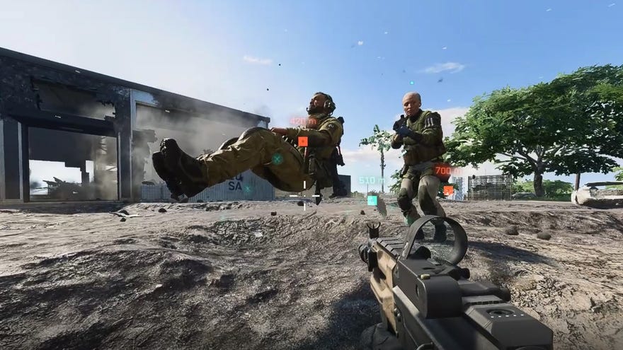 A man’s corpse hovering as though he was still sat in a tank in Battlefield 2042.