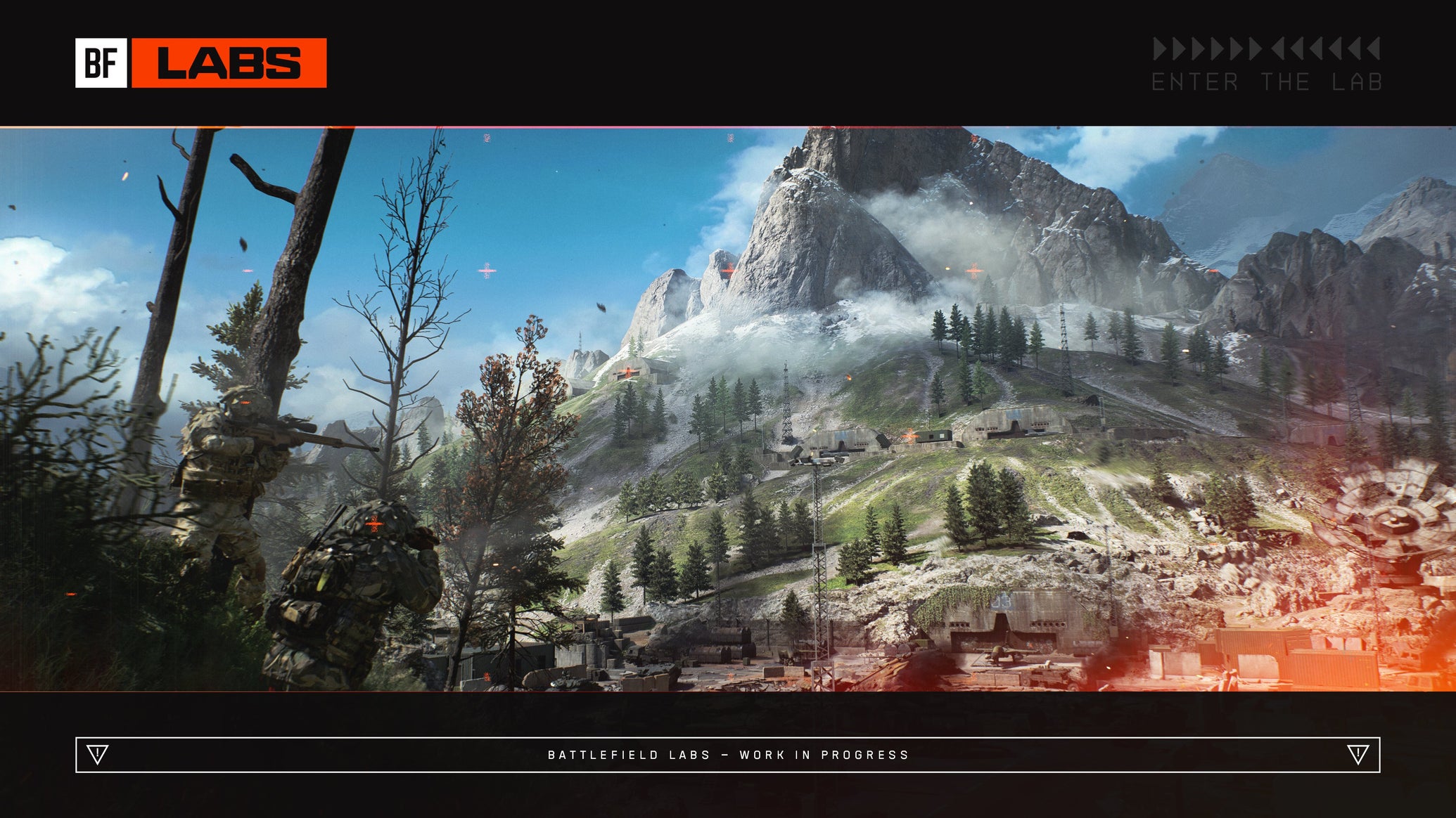 An illustration of a green and mountainous map consumed by the fires of battle in Battlefield 6, with soldiers hiding behind trees in the foreground. - 1