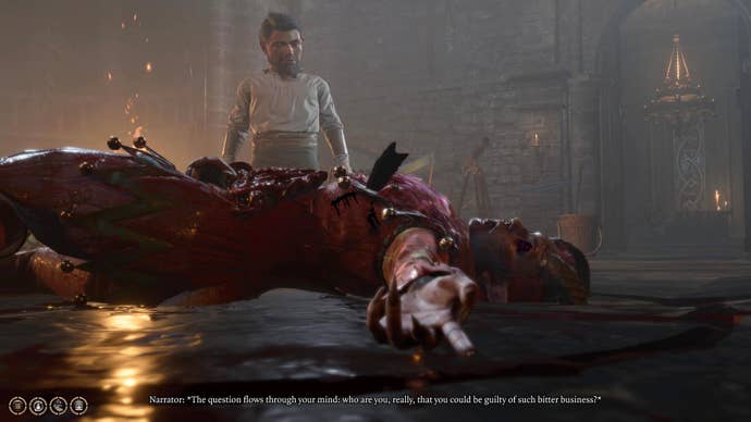 Edders Sheeran looks down at Alfira, a bard he’s murdered without really knowing why or how in Baldur’s Gate 3.