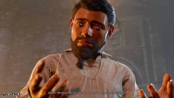 Edders Sheeran the Bard looks at his bloodied hands in terror after a long rest in Baldur’s Gate 3.