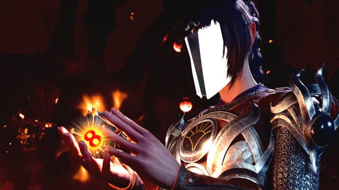A screenshot of Baldur’s Gate 3 companion Shadowheart with a PlayStation 5 superimposed over her face and a glowing red number eight clasped between her palms.