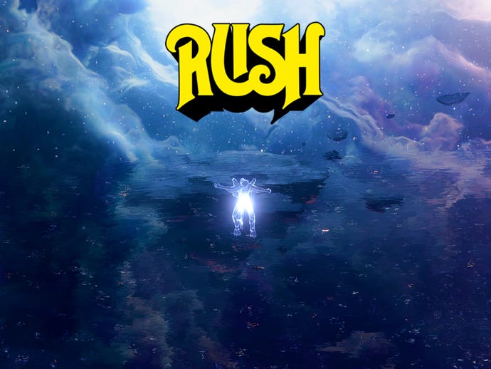 A crop of a love scene from Baldur’s Gate 3 showing a skyscape full of purple clouds and stars, with a yellow logo for the band Rush stuck on the top of it
