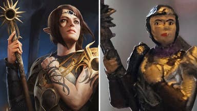 Comparison of Baldur's Gate 3's Shadowheart in official concept art and WizKids' melty faced Shadowheart miniature.