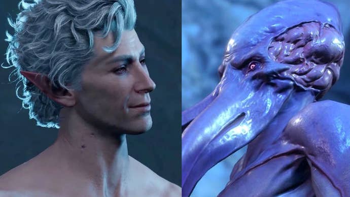 An image split into two halves, with Baldur’s Gate 3 companion Astarion on the left and a Mind Flayer position to meet his gaze on the right.